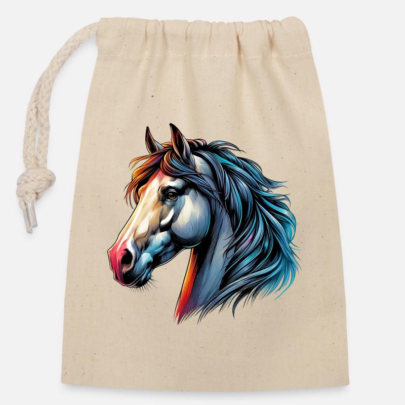 Cheval - Sac cadeau en coton avec cordon (14 x 20 cm) - nature