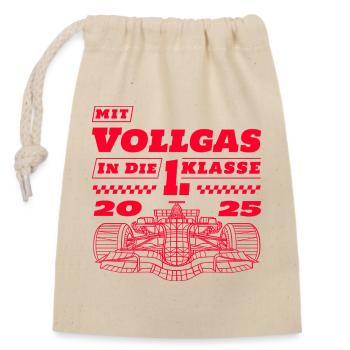 Mit Vollgas in die 1. Klasse - Rennwagen - 2025 - Verschließbarer Geschenkbeutel aus Baumwolle (14x20cm) - Natur - Vorne