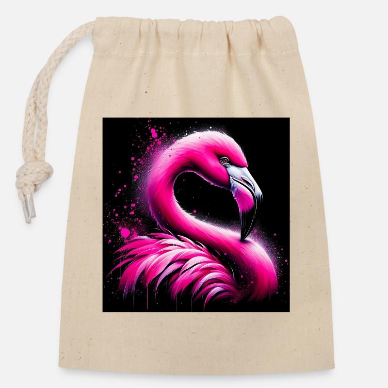 Flamingo - Verschließbarer Geschenkbeutel aus Baumwolle (14x20cm) - Natur
