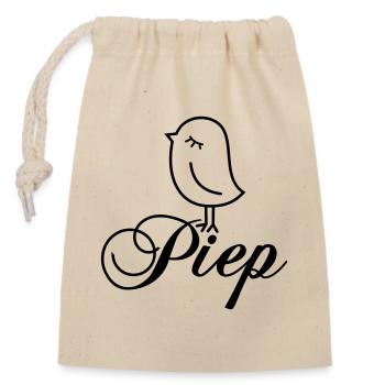 Spatz Piep – Piepmatz Vogel Cartoon Motiv - Verschließbarer Geschenkbeutel aus Baumwolle (14x20cm) - Natur - Vorne