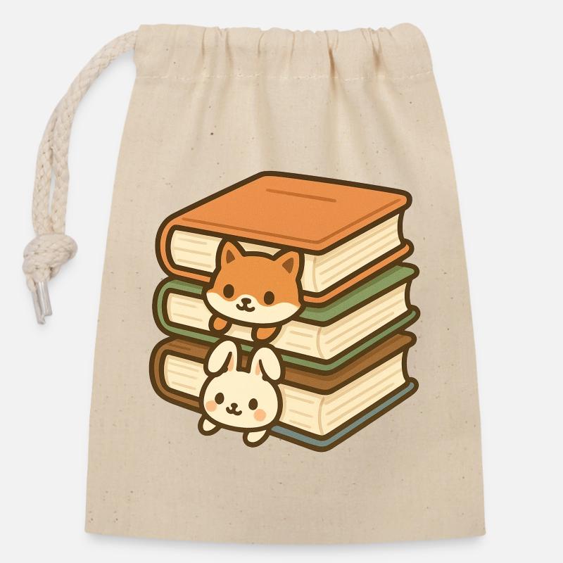 Kawaii Book Stack Duo - Closable cotton gift bag (14x20cm) - nature