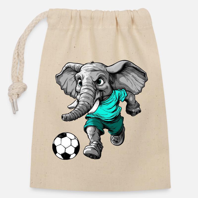 Fussballer Elefant - Verschließbarer Geschenkbeutel aus Baumwolle (14x20cm) - Natur
