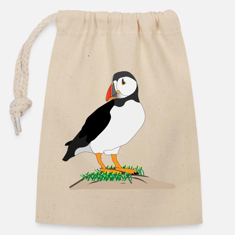 Imprimé de macareux - Sac cadeau en coton avec cordon (14 x 20 cm) - nature