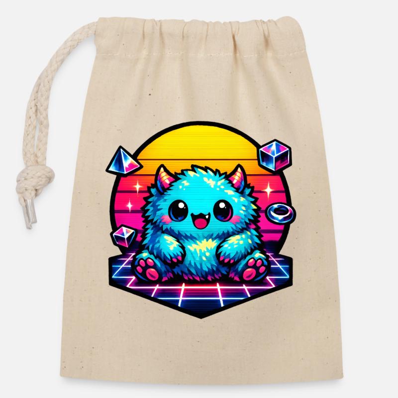 Neon-Puschelmonster - Verschließbarer Geschenkbeutel aus Baumwolle (14x20cm) - Natur