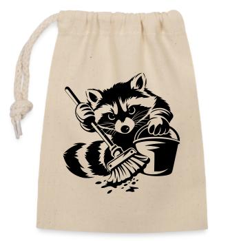 Waschbär mit Eimer & Mopp - Verschließbarer Geschenkbeutel aus Baumwolle (14x20cm) - Natur - Vorne