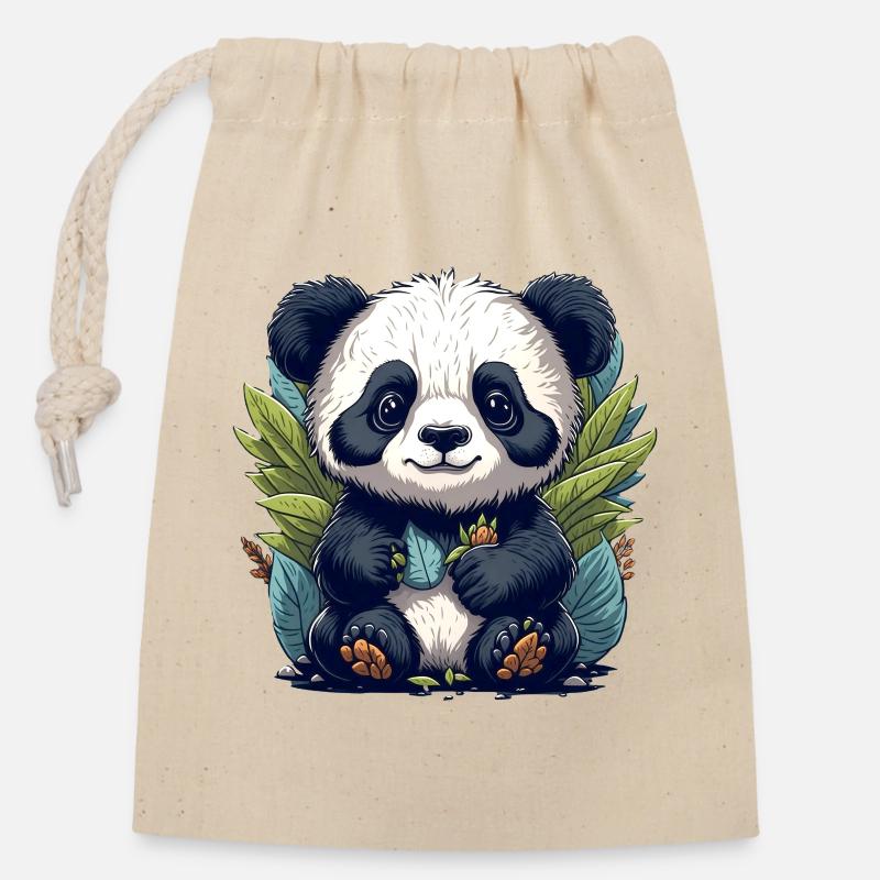 Le panda dans la forêt de feuilles - Sac cadeau en coton avec cordon (14 x 20 cm) - nature