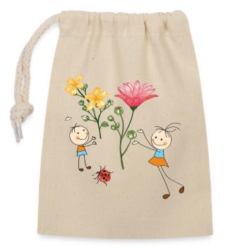 Kinderjubel mit bunten Blumen - Verschließbarer Geschenkbeutel aus Baumwolle (14x20cm) - Natur - Vorne