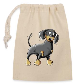 Happy Dachshund I Dackel I Teckel Hund Comic - Verschließbarer Geschenkbeutel aus Baumwolle (14x20cm) - Natur - Vorne