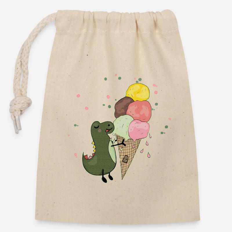 Dino mit Eis - Verschließbarer Geschenkbeutel aus Baumwolle (14x20cm) - Natur