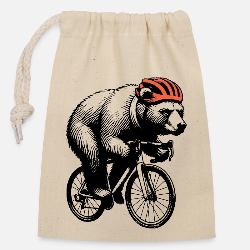 Radfahrender Bär - Verschließbarer Geschenkbeutel aus Baumwolle (14x20cm) - Natur