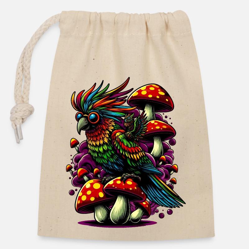 Perroquet coloré - Sac cadeau en coton avec cordon (14 x 20 cm) - nature