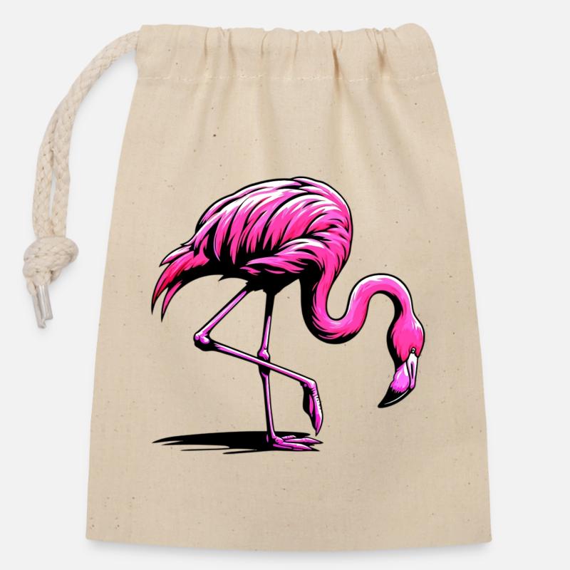 Flamingo - Verschließbarer Geschenkbeutel aus Baumwolle (14x20cm) - Natur