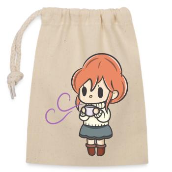 Mädchen trinkt Tee kawaii Herbstdesign - Verschließbarer Geschenkbeutel aus Baumwolle (14x20cm) - Natur - Vorne