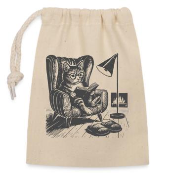 Cat in living room reading - Closable cotton gift bag (14x20cm) - nature - Front