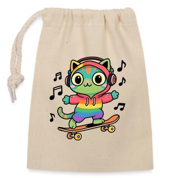 Rainbow cat on skateboard - Closable cotton gift bag (14x20cm) - nature - Front