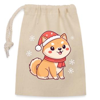 Shiba Noël Mignon avec chapeau et écharpe - Sac cadeau en coton avec cordon (14 x 20 cm) - nature - Devant