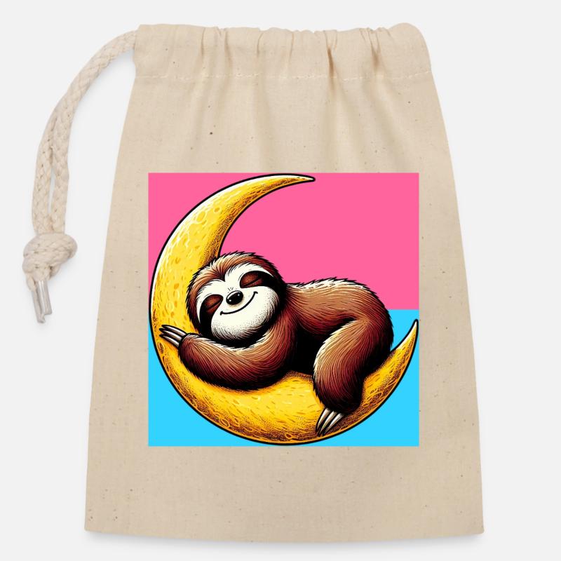 Sloth sleeps on the Moon - Closable cotton gift bag (14x20cm) - nature