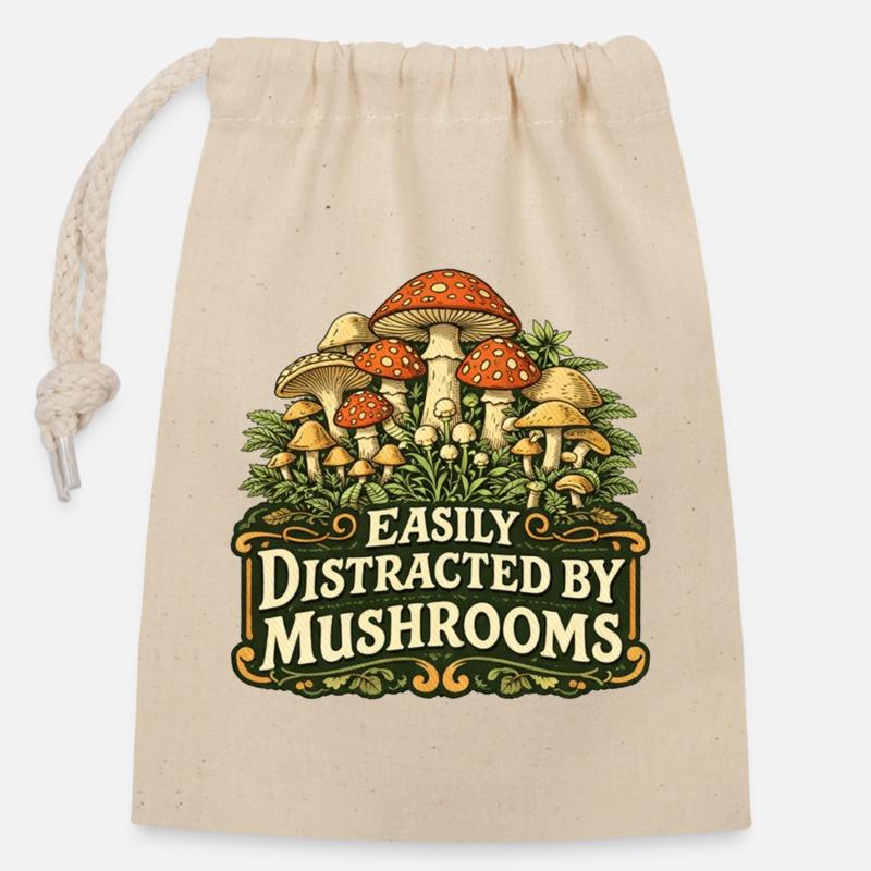 Facilement distrait par les champignons - Sac cadeau en coton avec cordon (14 x 20 cm) - nature