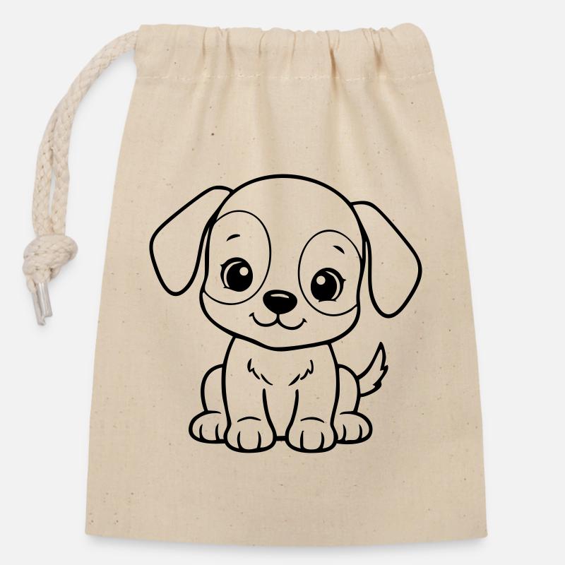 Petit chien mignon – Chiot noir et blanc - Sac cadeau en coton avec cordon (14 x 20 cm) - nature