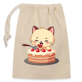 Le chat mange du gâteau - Sac cadeau en coton avec cordon (14 x 20 cm) - nature - Devant