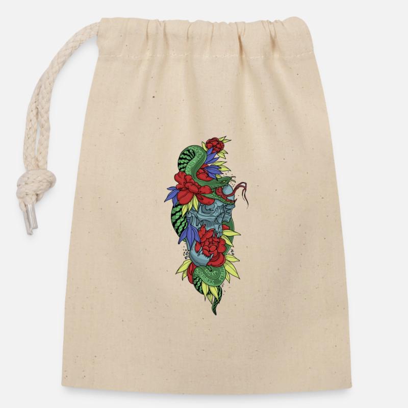 Crâne floral et serpent coloré - Sac cadeau en coton avec cordon (14 x 20 cm) - nature