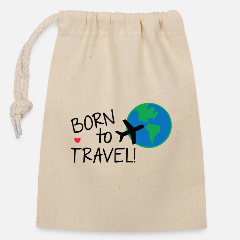 Né pour voyager - Sac cadeau en coton avec cordon (14 x 20 cm) - nature