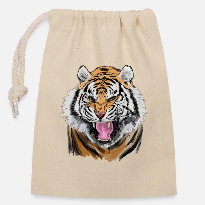 Aggressive Tiger Gesicht Illustration - Verschließbarer Geschenkbeutel aus Baumwolle (14x20cm) - Natur