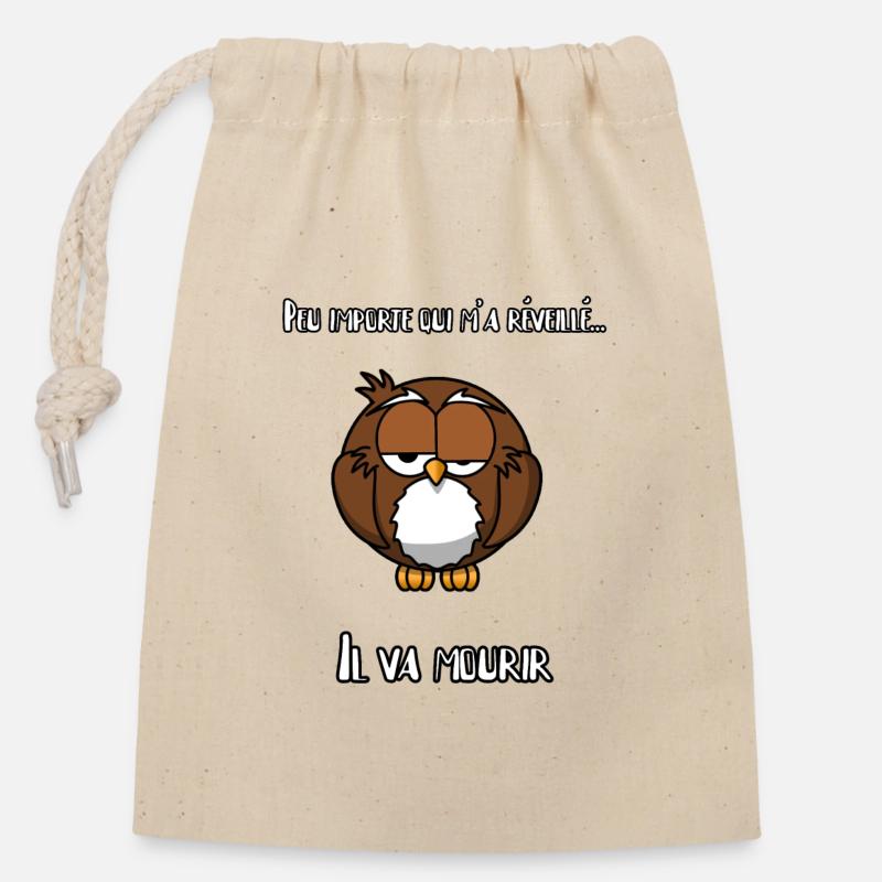 Réveil difficile, hibou - Sac cadeau en coton avec cordon (14 x 20 cm) - nature