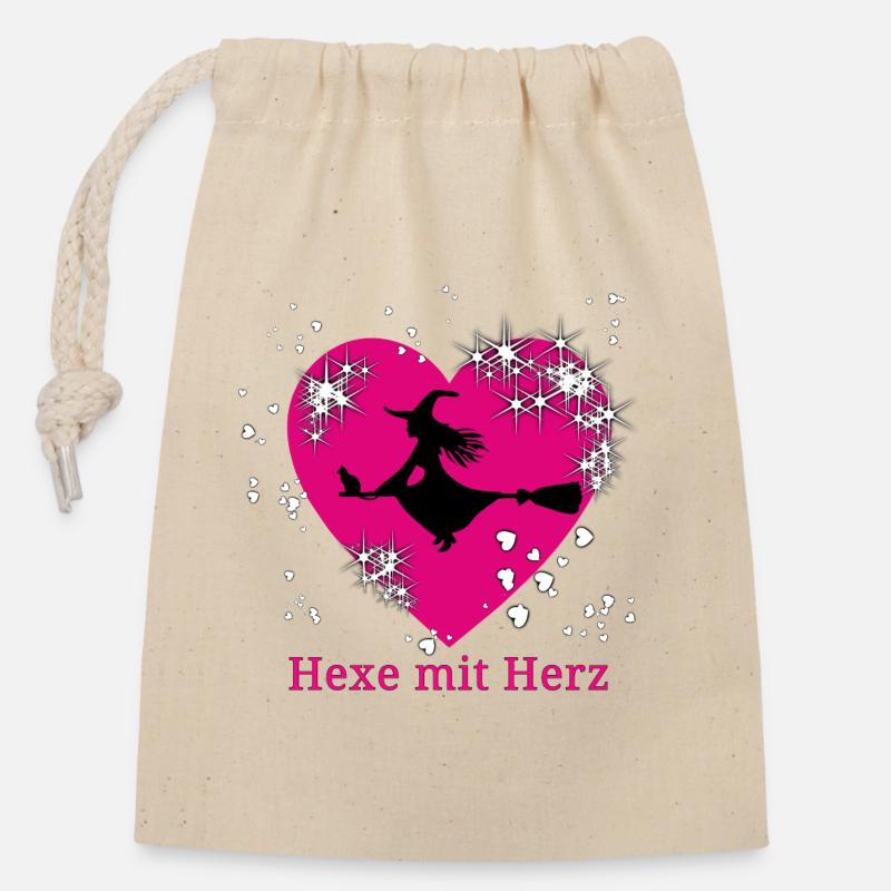 Hexe mit Herz Motiv - Verschließbarer Geschenkbeutel aus Baumwolle (14x20cm) - Natur