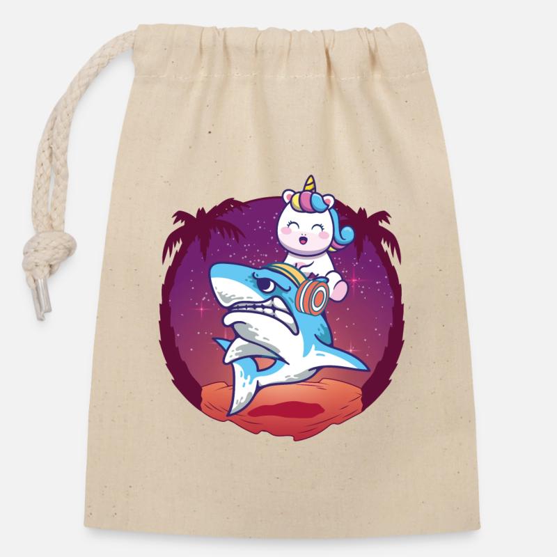 Licorne chevauchant un requin - Sac cadeau en coton avec cordon (14 x 20 cm) - nature