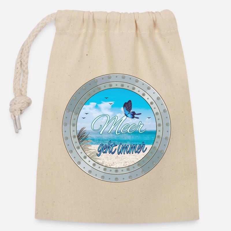 Meer geht immer – Strandlook - Verschließbarer Geschenkbeutel aus Baumwolle (14x20cm) - Natur