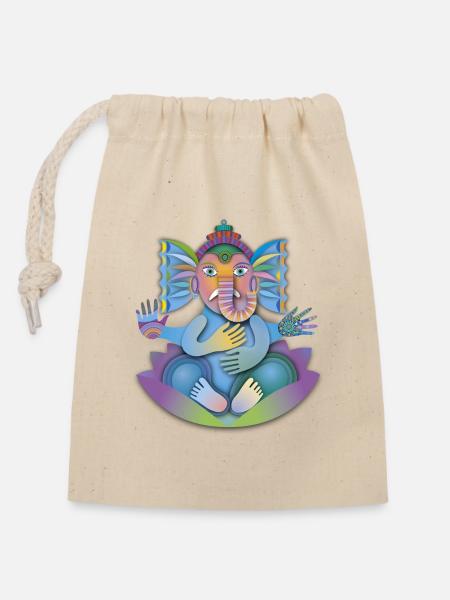 Glücksbringer Ganesha - Verschließbarer Geschenkbeutel aus Baumwolle (14x20cm) - Natur