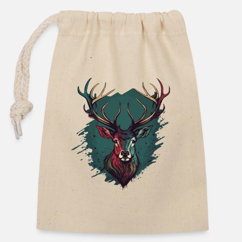 Tête de cerf - Sac cadeau en coton avec cordon (14 x 20 cm) - nature