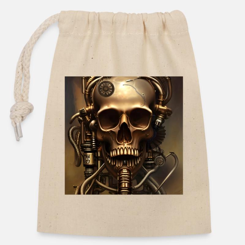 Superbe crâne steampunk doré - Sac cadeau en coton avec cordon (14 x 20 cm) - nature
