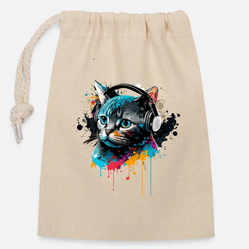 Music Cat - Closable cotton gift bag (14x20cm) - nature
