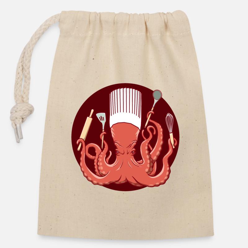 Poulpe Chef de Cuisine - Sac cadeau en coton avec cordon (14 x 20 cm) - nature