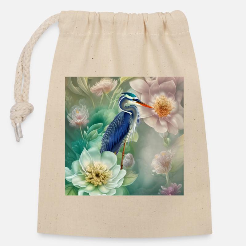 Der elegante Kranich mit Blumen - Verschließbarer Geschenkbeutel aus Baumwolle (14x20cm) - Natur