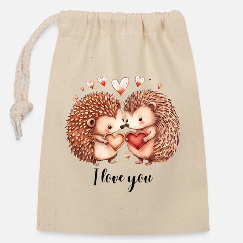 Loving hedgehogs - Closable cotton gift bag (14x20cm) - nature
