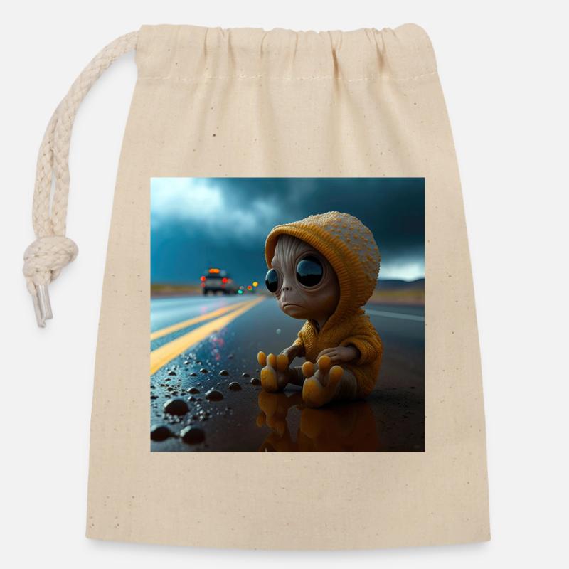 Bébé alien perdu sur la route - Sac cadeau en coton avec cordon (14 x 20 cm) - nature