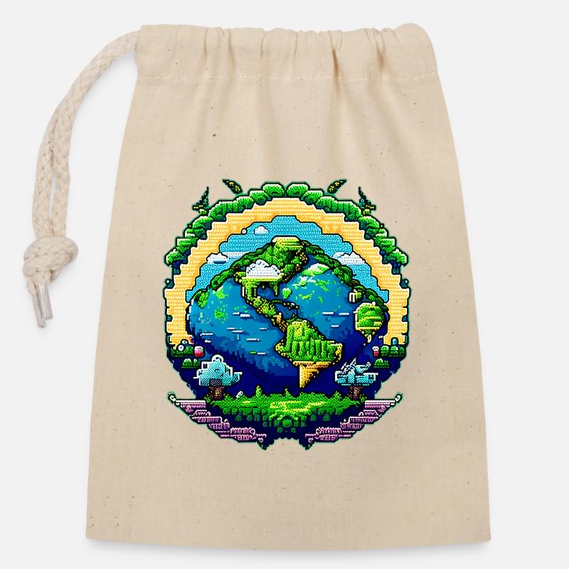 Globe en pixel art - Sac cadeau en coton avec cordon (14 x 20 cm) - nature