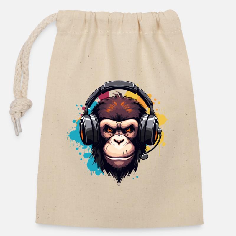 Singe avec des écouteurs, animal, chimpanzé, singe - Sac cadeau en coton avec cordon (14 x 20 cm) - nature