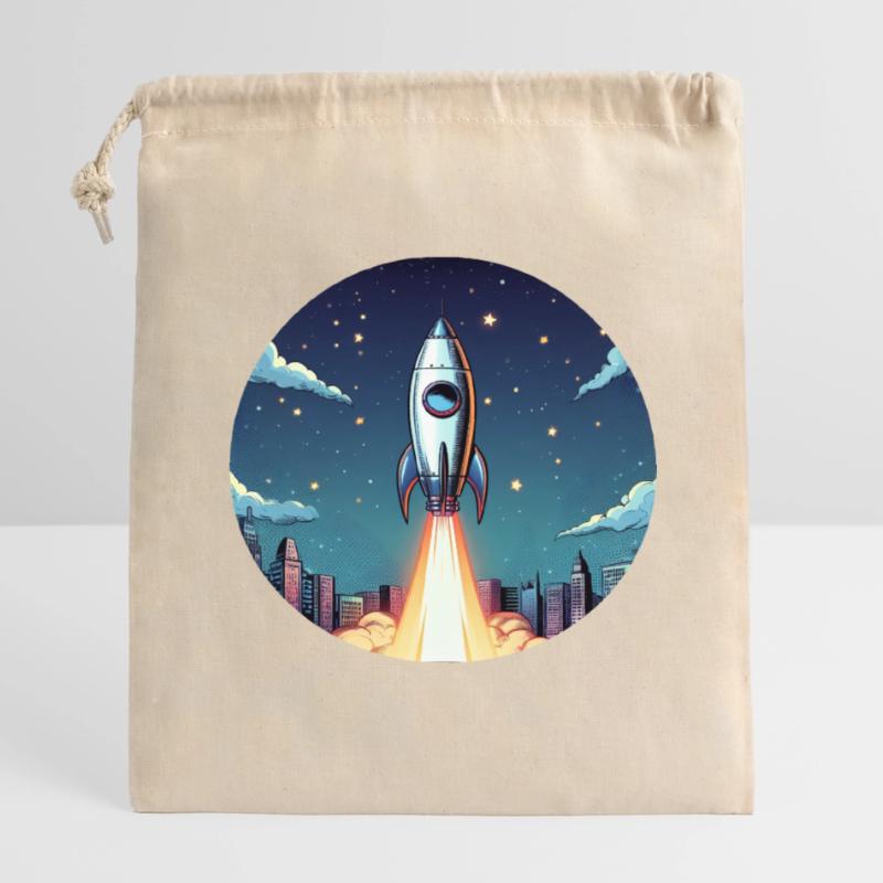 Lancement d’une fusée dans l’espace devant le ciel nocturne dans un style comique Sac cadeau en coton avec cordon (14 x 20 cm)