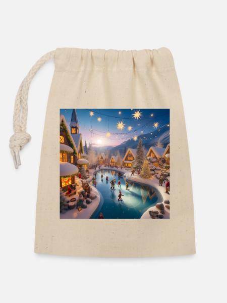 Village Scandinave Noël - Sac cadeau en coton avec cordon (14 x 20 cm) - nature