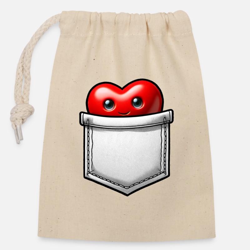 Le cœur à la pourche - Sac cadeau en coton avec cordon (14 x 20 cm) - nature