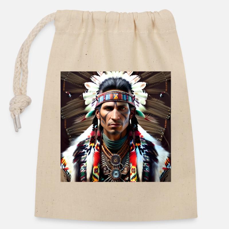 Chef de tribu amérindienne - Sac cadeau en coton avec cordon (14 x 20 cm) - nature