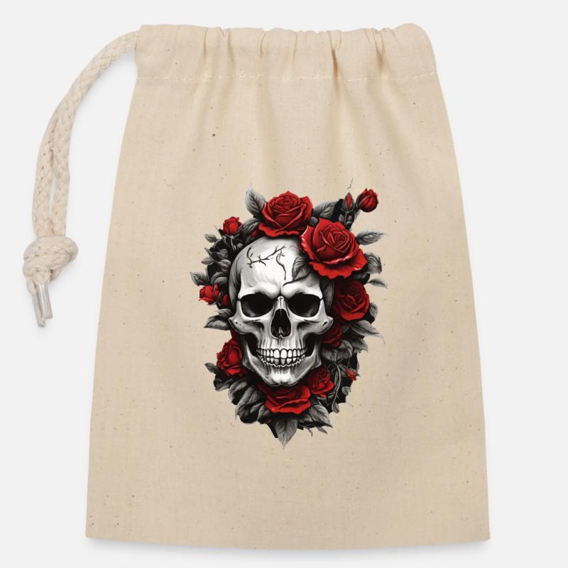 Crâne avec des roses rouges - Sac cadeau en coton avec cordon (14 x 20 cm) - nature