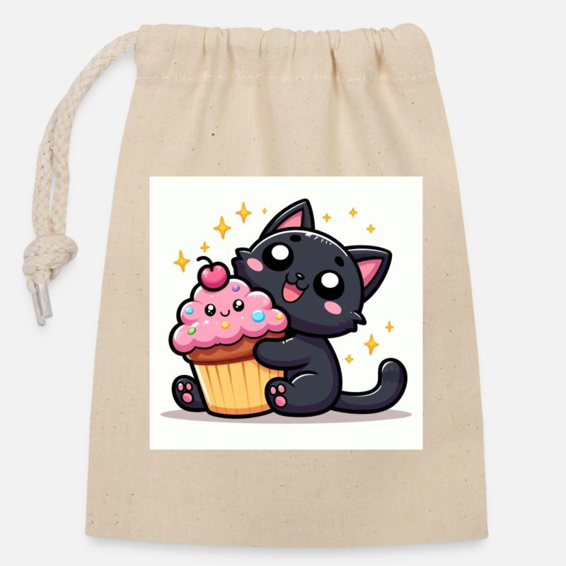 Sweet Kitty Black with a Cupcake - Closable cotton gift bag (14x20cm) - nature