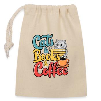 Katzen, Bücher und Kaffee Design - Verschließbarer Geschenkbeutel aus Baumwolle (14x20cm) - Natur - Vorne
