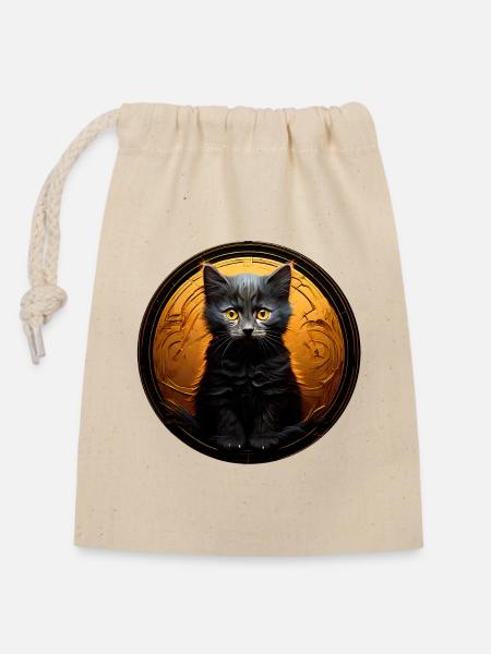 Schwarze Katze im Goldkreis - Verschließbarer Geschenkbeutel aus Baumwolle (14x20cm) - Natur