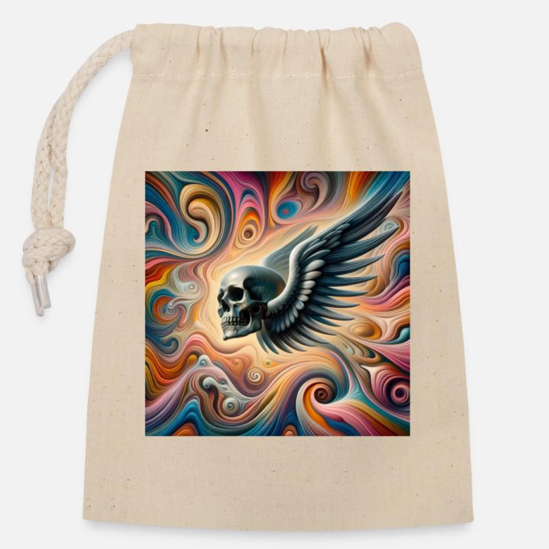 Crâne avec des ailes (coloré) - Sac cadeau en coton avec cordon (14 x 20 cm) - nature